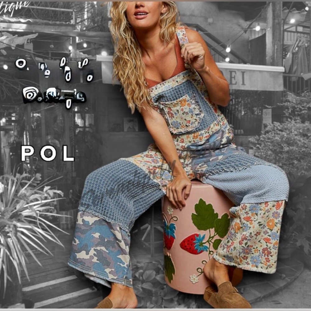 POL- NWT Boho Farm Girl Mixed Fabric Cotton Denim Floral Patch Overalls. - Picture 9 of 10